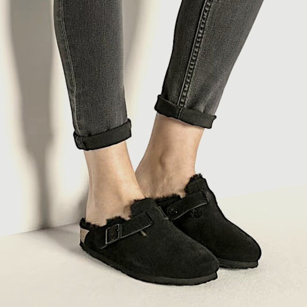 Birkenstock Boston Shearling Suede Leather - Black size 39 US 8-8.5 women